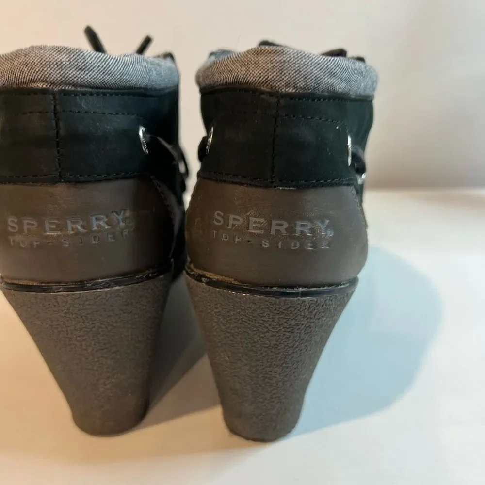Sperry Top Slider Hadley Wedge booties Black Grey Suede wedges SZ 9